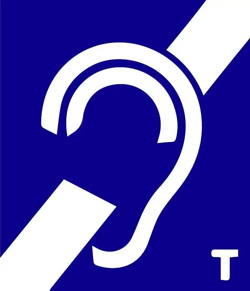 a blue sign with a white ear and a ribbon